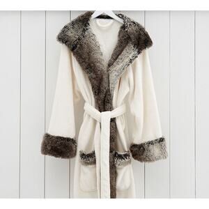 Pottery Barn Faux Fur Ombre Trim Bath Robe Women's Small Luxury Hooded Fleece